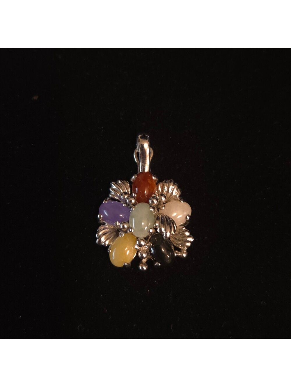 Vintage 925 Sterling Silver Multi-Color Jade Floral Pendant
